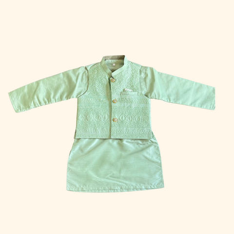 Boys' Mint Green Kurta Set with Designer Waistcoat