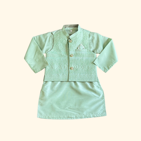 Boys' Mint Green Kurta Set with Designer Waistcoat