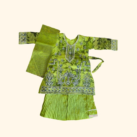 Green Lehenga Choli with Dupatta - Kids Embroidered 3-Piece Festive Suit