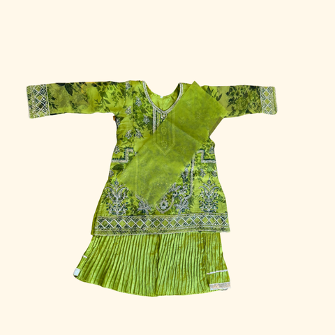Green Lehenga Choli with Dupatta - Kids Embroidered 3-Piece Festive Suit