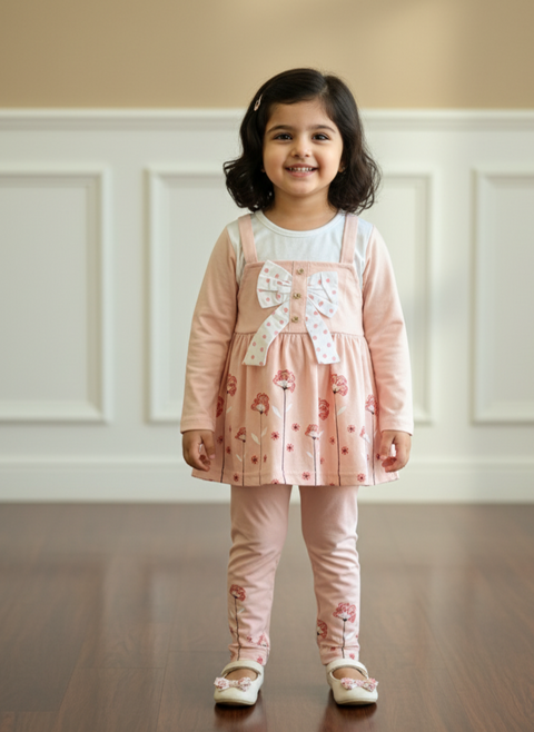 Sweet Floral Pinafore 2 Piece Dress & Leggings Set