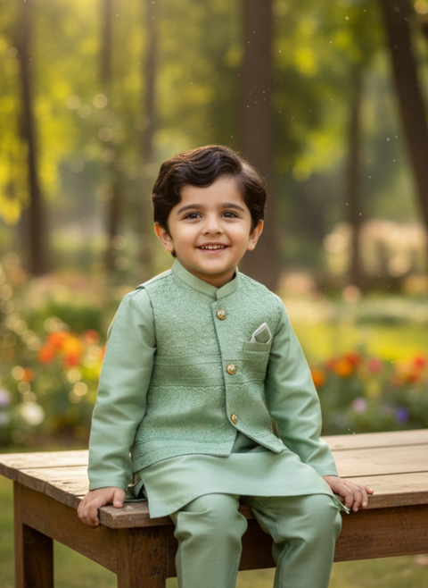 Boys' Mint Green Kurta Set with Designer Waistcoat
